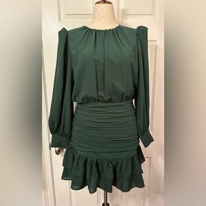Dark Green Long-Sleeve Mini Dress with Ruffled Hem